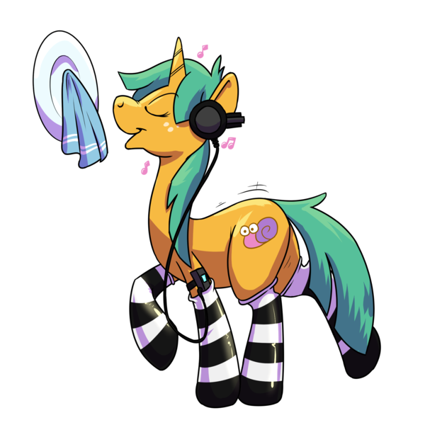 Size: 2000x2000 | Tagged: safe, artist:rawr, derpibooru import, snails, original species, pony, rubber pony, unicorn, clothes, dishes, eyes closed, g4, headphones, high res, image, latex, latex socks, male, mp3 player, music notes, plate, png, profile, rubber, rule 63, simple background, socks, solo, spice, striped socks, towel, transparent background