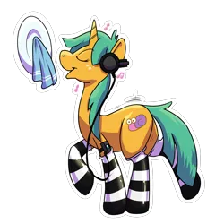Size: 2000x2000 | Tagged: safe, artist:rawr, derpibooru import, snails, original species, pony, rubber pony, unicorn, clothes, dishes, eyes closed, g4, headphones, high res, image, latex, latex socks, male, mp3 player, music notes, plate, png, profile, rubber, rule 63, simple background, socks, solo, spice, striped socks, towel, transparent background