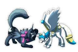 Size: 2400x1600 | Tagged: safe, artist:rawr, derpibooru import, princess celestia, princess luna, oc, oc:taylor, oc:trask, alicorn, fox, inflatable pony, wolf, balloon, bow, bridle, carousel, furry, furry to pony, image, inflatable, png, pool toy, simple background, tack, transformation, transparent background