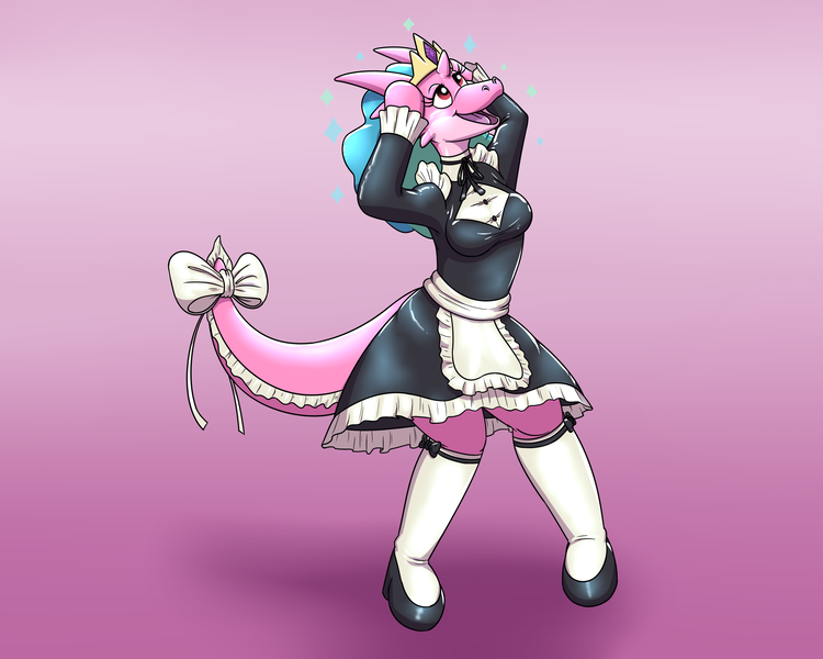 Size: 2500x2000 | Tagged: safe, artist:rawr, derpibooru import, princess celestia, oc, dragon, clothes, crown, female, furry, furry to pony, high res, image, inanimate tf, inflatable, jewelry, maid, png, regalia, transformation, transformation sequence