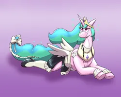 Size: 2500x2000 | Tagged: safe, artist:rawr, derpibooru import, princess celestia, oc, alicorn, inflatable pony, clothes, crown, female, furry to pony, high res, image, inanimate tf, inflatable, jewelry, lying down, maid, peytral, png, prone, regalia, ripping clothes, transformation, transformation sequence