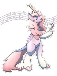 Size: 1800x2400 | Tagged: safe, artist:rawr, derpibooru import, oc, oc:kilora, unofficial characters only, kirin, latex pony, original species, bipedal, eyes closed, high res, image, latex, music notes, png, simple background, singing, solo, transparent background
