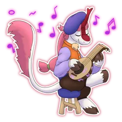 Size: 4000x4000 | Tagged: safe, artist:rawr, derpibooru import, oc, unofficial characters only, kirin, absurd resolution, clothes, eyes closed, hat, image, lute, music notes, png, ponytail, simple background, sitting, smiling, solo, stool, transparent background