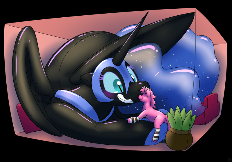 Size: 5000x3500 | Tagged: safe, artist:rawr, derpibooru import, nightmare moon, oc, alicorn, inflatable pony, latex pony, original species, pony, unicorn, absurd resolution, blushing, clothes, female, grin, human to pony, image, inflatable, inflation, latex, leg warmers, macro, mare, nuzzling, png, room, smiling, striped leg warmers, transformation, transgender transformation