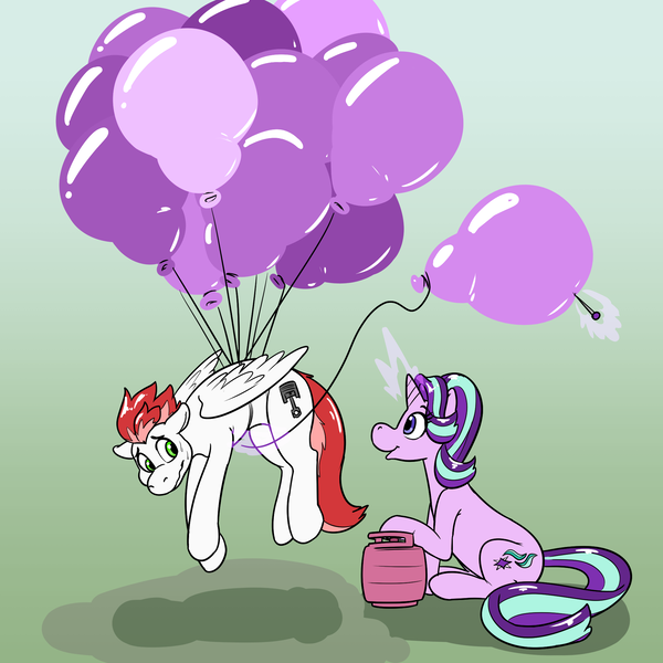 Size: 2000x2000 | Tagged: safe, artist:rawr, derpibooru import, starlight glimmer, oc, oc:swift apex, pegasus, pony, unicorn, balloon, balloon popping, female, floating, glimmex, high res, image, mare, pin, png, popping, sitting, worried