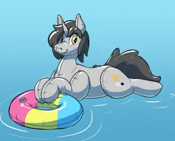 Size: 1241x1000 | Tagged: safe, artist:rawr, derpibooru import, oc, unofficial characters only, inflatable pony, unicorn, floating, holding, image, inflatable, inner tube, pansexual pride flag, png, pool toy, pride, pride flag, solo, water