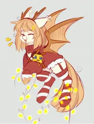 Size: 3108x4092 | Tagged: safe, artist:cheekipone, ponerpics import, oc, oc:honey milk, unofficial characters only, bat pony, bee, insect, pony, antlers, bee plush, christmas, christmas lights, clothes, ear tufts, eyes closed, female, happy, hat, holiday, image, jpeg, lingerie, mare, santa hat, socks, spread wings, striped socks, sweater, thigh high striped socks, thigh highs, unshorn fetlocks, wings