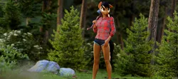 Size: 5000x2222 | Tagged: safe, artist:dark-fic, derpibooru import, oc, unofficial characters only, anthro, earth pony, 3d, axe, blender, blender cycles, clothes, female, flannel, flower, forest, grass, image, lumberjack, nature, png, rock, shorts, solo, tree, weapon