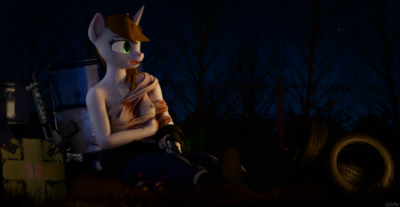 Size: 6961x3611 | Tagged: questionable, semi-grimdark, artist:dark-fic, derpibooru import, oc, oc:littlepip, anthro, unicorn, fallout equestria, 3d, aftermath, bandage, barrel, blender, blender cycles, blood, blood stains, breasts, clothes, crying, gun, handgun, image, injured, jumpsuit, night, nipples, nudity, pipbuck, png, potions, revolver, solo, tears of pain, vault suit, weapon, zebra rifle
