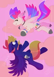 Size: 3035x4299 | Tagged: safe, artist:pedalspony, derpibooru import, oc, oc:cloud quake, oc:pedals, pegasus, bracelet, choker, colored hooves, colored wings, dialogue, dock, dock piercing, ear piercing, earring, falling, female, garter, image, jewelry, onomatopoeia, piercing, png, speed lines, tail, tail piercing, trans female, transgender, wings