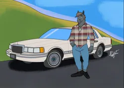 Size: 1210x863 | Tagged: safe, artist:delta dewitt, derpibooru import, oc, oc:devin, unofficial characters only, anthro, bat pony, barely pony related, bat pony oc, car, classic car, clothes, flannel, ford, hat, image, jpeg, lincoln (car), lincoln town car, muscles, road, shirt, solo, unmoving plaid, vehicle, wingless, wings