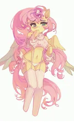 Size: 2489x4096 | Tagged: suggestive, artist:saxopi, derpibooru import, fluttershy, anthro, pegasus, pony, unguligrade anthro, arm hooves, backless, belly button, bow, breasts, busty fluttershy, clothes, detached sleeves, eyebrows, eyebrows visible through hair, female, g4, garters, hair bow, image, jpeg, mare, open-back sweater, panties, simple background, sleeveless sweater, socks, solo, solo female, stockings, sweater, sweatershy, thigh highs, underwear, virgin destroyer sweater, virgin killer sweater, white background, wide hips