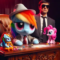 Size: 1024x1024 | Tagged: safe, ai content, derpibooru import, machine learning generated, prompter:*rainbow dash*, pinkie pie, rainbow dash, human, chair, clothes, cocaine, desk, drugs, figure, funko, generator:bing image creator, hat, image, irl, lego, photo, plushie, plushification, png, scarface, scene interpretation, suit, toy