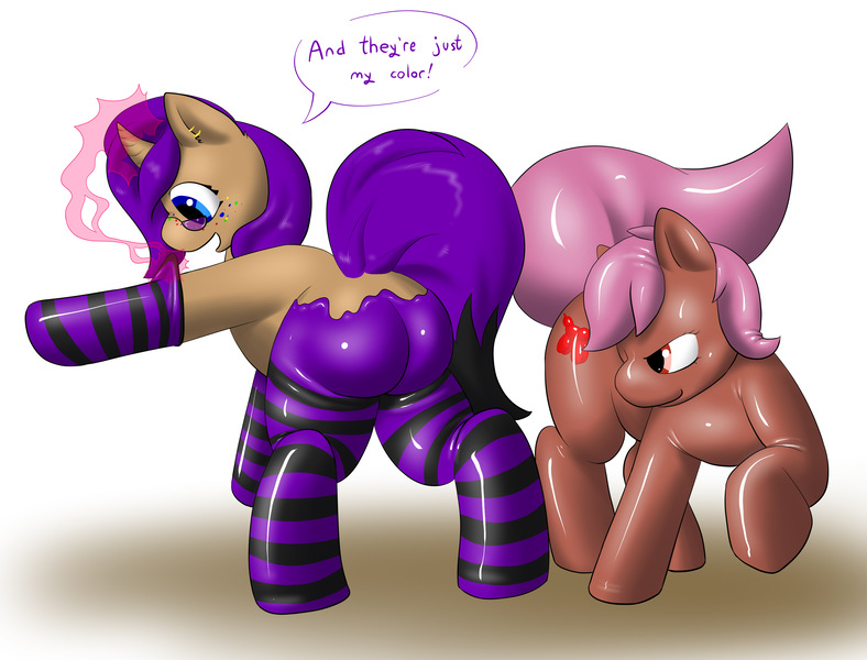 Size: 3150x2400 | Tagged: safe, artist:boundbrush, derpibooru import, oc, oc:berry brush, oc:maple gleam, unofficial characters only, earth pony, original species, pony, rubber pony, unicorn, bondage, butt, clothes, commission, encasement, glasses, high res, image, jpeg, latex, latex stockings, magic, plot, rubber, socks, speech bubble, stockings, striped socks, striped stockings, thigh highs, transformation