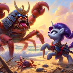 Size: 1024x1024 | Tagged: safe, ai content, derpibooru import, machine learning generated, rarity, crab, giant crab, pony, unicorn, armor, armored pony, beach, cloud, female, fight, g4, generator:dall-e 3, helmet, history, history of japan, image, mare, mountain, mountain range, ocean, open mouth, png, prompter:tyto4tme4l, rarity fighting a giant crab, rearing, rock, samurai, samurai armor, sand, sky, tongue out, water, weapon, wood