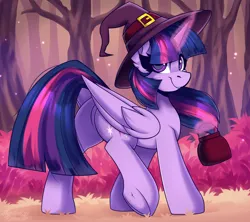 Size: 2250x2000 | Tagged: safe, artist:shadowreindeer, edit, editor:unofficial edits thread, twilight sparkle, twilight sparkle (alicorn), alicorn, pony, female, halloween, hat, holiday, image, mare, png, solo, trick or treat, underhoof, witch hat