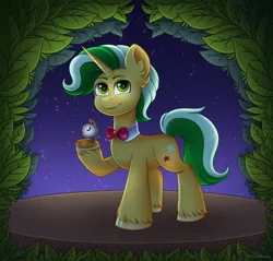 Size: 4400x4200 | Tagged: safe, artist:madelinne, derpibooru import, oc, unofficial characters only, unicorn, horn, image, leaves, night, png, pocket watch, sky, solo, stage, stars, unicorn oc