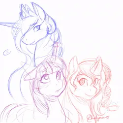 Size: 892x892 | Tagged: safe, artist:blueberrysnow, derpibooru import, princess celestia, sunset shimmer, twilight sparkle, alicorn, pony, unicorn, bust, colored sketch, female, glow, glowing horn, horn, image, jpeg, levitation, looking up, magic, mare, sketch, smiling, telekinesis