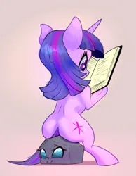 Size: 4009x5154 | Tagged: safe, artist:xbi, edit, editor:unofficial edits thread, ocellus, twilight sparkle, changedling, changeling, pony, unicorn, 30 minute art challenge finished after, brown background, butt, disguise, disguised changeling, duo, image, inanimate tf, jpeg, plot, reading, rock, rockellus, simple background, sitting, stone, transformation, unicorn twilight, wingless, wingless edit