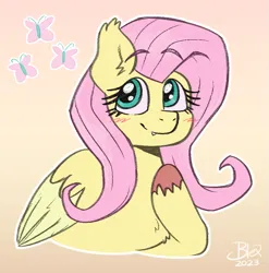 Size: 987x997 | Tagged: safe, artist:blex, derpibooru import, fluttershy, pegasus, pony, bat ears, blush sticker, blushing, chest fluff, colored, fangs, female, folded wings, g4, gradient background, half body, hoof on chest, image, looking up, mare, png, signature, smiling, solo, three quarter view, unshorn fetlocks, wings