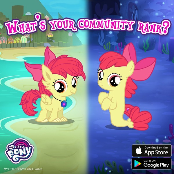 Size: 1080x1080 | Tagged: safe, derpibooru import, apple bloom, hippogriff, pony, seapony (g4), beach, female, filly, foal, game screencap, gameloft, hippogriffied, image, jewelry, jpeg, looking at you, pendant, race swap, seaponified, seapony apple bloom, solo, species swap, text, underwater, water