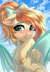 Size: 2500x3600 | Tagged: safe, artist:hakaina, derpibooru import, oc, oc:sunshine drift, unofficial characters only, bat pony, pony, bat eyes, bat pony oc, bat wings, blushing, bow, bust, commission, ear fluff, fangs, female, floppy ears, hair bow, image, jpeg, mare, portrait, raised hoof, sitting, smiling, solo, wings, ych result