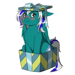 Size: 2000x2000 | Tagged: safe, artist:erein, derpibooru import, oc, oc:blue star, unofficial characters only, changeling, pegasus, pony, box, changeling oc, christmas, colored, commission, cute, ears up, eyes closed, female, flat colors, floppy ears, gray eyes, happy, holiday, image, jpeg, multicolored hair, pony in a box, present, rule 63, simple background, smiling, solo, white background, wings