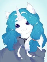 Size: 3000x4000 | Tagged: safe, artist:syu, derpibooru import, oc, bat pony, unicorn, adorable face, bat pony oc, bat wings, birthmark, bust, clothes, collar, commission, cute, ear fluff, fangs, hairstyle, heterochromia, hoodie, image, looking at you, mole, png, portrait, raised hoof, shiny, simple background, sketch, smiling, smiling at you, solo, wings