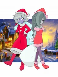 Size: 1470x1960 | Tagged: safe, artist:batipin, banned from derpibooru, derpibooru import, edit, limestone pie, marble pie, equestria girls, christmas, clothes, costume, duo, female, holiday, image, jpeg, santa costume, siblings, sisters, underage
