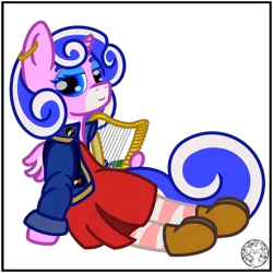 Size: 2000x2000 | Tagged: safe, artist:dice-warwick, derpibooru import, oc, oc:harp melody, unofficial characters only, original species, pony, fallout equestria, clothes, dress, fallout equestria: desperados, fanfic art, female, harp, horn, image, jacket, mare, mirage pony, musical instrument, pipbuck, png, simple background, small horn, small wings, socks, solo, stockings, thigh highs, transparent background, wings