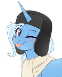 Size: 514x637 | Tagged: safe, artist:higgly-chan, derpibooru import, trixie, pony, unicorn, :p, ;p, blushing, breath, bust, clothes, female, g4, hat, image, looking at you, one eye closed, png, portrait, scarf, simple background, solo, tongue out, ushanka, white background, wink