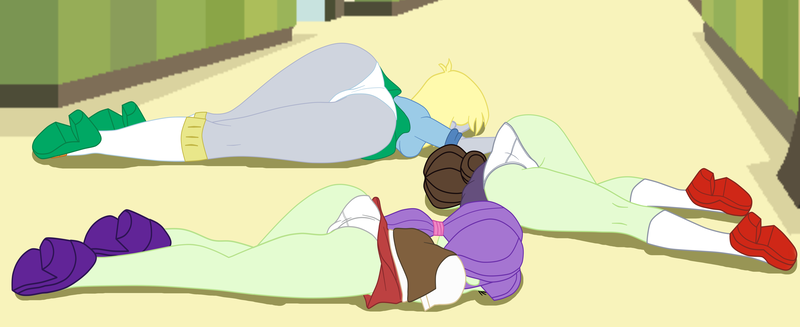 Size: 5370x2195 | Tagged: suggestive, artist:gmaplay, derpibooru import, derpy hooves, sophisticata, starlight, human, equestria girls, ass, bubble butt, butt, clothes, crystal prep academy, crystal prep academy uniform, face down ass up, female, females only, g4, image, panties, png, school uniform, solo, unconscious, underwear