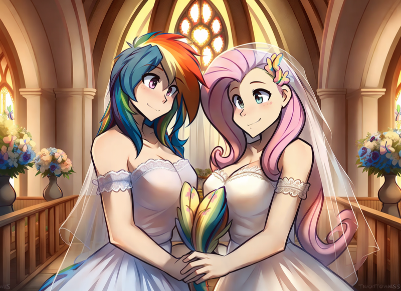 Size: 1408x1024 | Tagged: safe, ai content, derpibooru import, machine learning generated, prompter:darkfire681, fluttershy, rainbow dash, human, equestria girls, g4, 25 years old (girls), adult, big breasts, breasts, busty fluttershy, busty rainbow dash, cleavage, clothes, dress, duo, duo female, female, flutterdash, generator:easyfluff v11.2, holding hands, humanized, image, lesbian, lesbian wedding, light skin, long hair, looking at each other, looking at someone, marriage, multicolored hair, pink hair, png, rainbow hair, shipping, smiling, smiling at each other, wedding, wedding dress, wedding veil, woman, young