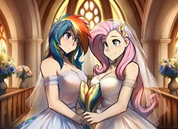 Size: 1408x1024 | Tagged: safe, ai content, derpibooru import, machine learning generated, prompter:darkfire681, fluttershy, rainbow dash, human, breasts, cleavage, clothes, dress, duo, female, flutterdash, g4, generator:easyfluff v11.2, holding hands, humanized, image, lesbian, lesbian wedding, looking at each other, looking at someone, marriage, png, shipping, wedding, wedding dress, wedding veil