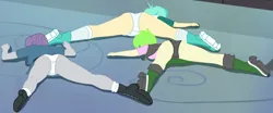 Size: 6400x2674 | Tagged: suggestive, derpibooru import, cherry crash, maud pie, tennis match, equestria girls, ass, butt, defeated, face down ass up, image, png, solo, unconscious