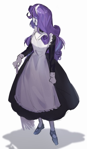 Size: 1173x2000 | Tagged: safe, artist:y0urtxr, derpibooru import, rarity, equestria girls, alternate hairstyle, apron, broom, clothes, dress, female, flats, image, jpeg, maid, maid headdress, shoes, simple background, solo, white background