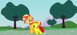 Size: 1024x468 | Tagged: safe, derpibooru import, sunset shimmer, oc, oc:blazefire, pony, unicorn, daytime, female, foal, grass, hill, image, male, mother, mother and child, mother and son, mountain, parent, parent:sunset shimmer, png, road, smiling, tree
