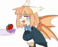 Size: 2482x1990 | Tagged: safe, artist:cheekipone, ponerpics import, oc, oc:honey milk, unofficial characters only, pony, bowtie, clothes, disgusted, ear tufts, female, food, hairclip, image, jpeg, looking at you, mare, offering, offscreen character, sick, simple background, solo focus, spread wings, suit, tomato, tongue out, unshorn fetlocks, wings