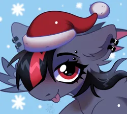Size: 1719x1531 | Tagged: safe, artist:rtootb, derpibooru import, oc, oc:era, unofficial characters only, pegasus, pony, blue background, christmas, cute, ear fluff, ear piercing, eyebrow piercing, female, floppy ears, happy new year, hat, holiday, image, looking at you, mare, pegasus oc, piercing, png, red eyes, santa hat, simple background, smiling, smiling at you, snow, snowflake, spread wings, tongue out, wings, winter