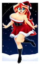 Size: 1250x2000 | Tagged: suggestive, artist:xan-gelx, derpibooru import, sunset shimmer, human, equestria girls, breasts, busty sunset shimmer, christmas, clothes, costume, hat, holiday, image, looking at you, open mouth, open smile, png, santa costume, santa hat, smiling