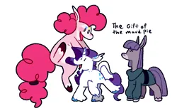 Size: 1280x800 | Tagged: safe, artist:goatpaste, derpibooru import, maud pie, pinkie pie, rarity, earth pony, pony, unicorn, season 6, the gift of the maud pie, alternate design, clothes, coat markings, colored hooves, female, g4, happy, image, jumping, leonine tail, looking at each other, looking at someone, mare, open mouth, open smile, pale belly, pie sisters, png, shirt, siblings, simple background, sisters, smiling, socks (coat marking), standing on two hooves, tail, trio, trio female, unshorn fetlocks, white background