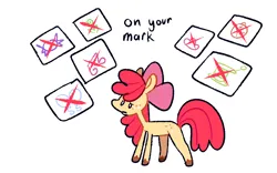 Size: 1280x800 | Tagged: safe, artist:goatpaste, derpibooru import, apple bloom, earth pony, pony, on your marks, season 6, apple bloom's bow, balloon, bow, candy, cloud, colored hooves, crossed out, female, filly, foal, food, g4, hair bow, image, looking at something, music notes, paper, png, sad, simple background, solo, thread, unshorn fetlocks, white background, x