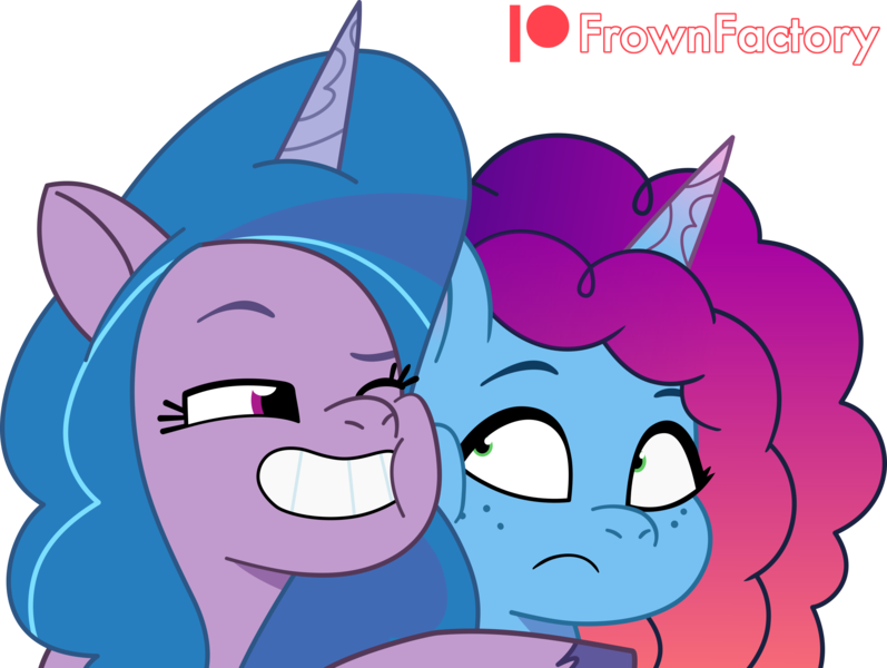 Size: 2658x2000 | Tagged: safe, artist:frownfactory, derpibooru import, izzy moonbow, pony, unicorn, g5, my little pony: tell your tale, female, grin, horn, image, mare, misty brightdawn, personal space invasion, png, simple background, smiling, sparkle school, transparent background, vector