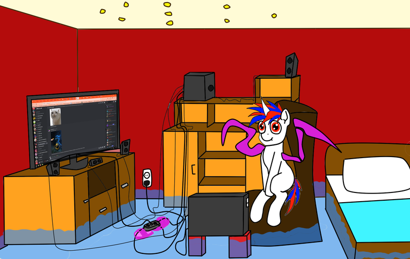 Size: 1463x925 | Tagged: safe, artist:snowi, derpibooru import, oc, oc:snowi, unofficial characters only, unicorn, bed, bedroom, computer, horn, image, light skin, mutant, png, room, unicorn oc, water