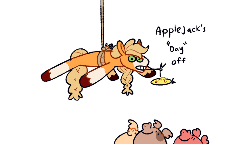 Size: 1280x800 | Tagged: safe, artist:goatpaste, derpibooru import, applejack, earth pony, pig, pony, applejack's "day" off, season 6, carrot, carrot on a stick, coat markings, colored hooves, female, food, g4, gritted teeth, group, hanging, image, looking up, mare, mouth hold, png, quartet, rope, simple background, smiling, socks (coat marking), teeth, unshorn fetlocks, white background