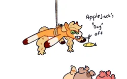 Size: 1280x800 | Tagged: safe, artist:goatpaste, derpibooru import, applejack, earth pony, pig, pony, applejack's "day" off, season 6, carrot, carrot on a stick, coat markings, colored hooves, female, food, g4, gritted teeth, group, hanging, image, looking up, mare, mouth hold, png, quartet, rope, simple background, smiling, socks (coat marking), teeth, unshorn fetlocks, white background