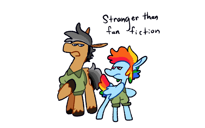 Size: 1280x800 | Tagged: safe, artist:goatpaste, derpibooru import, quibble pants, rainbow dash, earth pony, pegasus, pony, season 6, stranger than fan fiction, annoyed, clothes, colored hooves, duo, duo male and female, female, frown, g4, hoof on chest, image, looking at each other, looking at someone, male, mare, open mouth, outfit, png, quibble pants is not amused, rainbow dash is not amused, shirt, simple background, stallion, unamused, unshorn fetlocks, white background