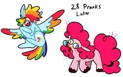 Size: 1280x800 | Tagged: safe, artist:goatpaste, derpibooru import, pinkie pie, rainbow dash, earth pony, pegasus, pony, 28 pranks later, season 6, colored hooves, cookie zombie, derp, duo, duo female, female, g4, heterochromia, hiding face, image, mare, open mouth, png, scared, simple background, spread wings, surprised, tongue out, unshorn fetlocks, white background, wings