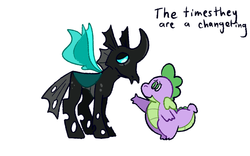 Size: 1280x800 | Tagged: safe, artist:goatpaste, derpibooru import, spike, thorax, changeling, dragon, season 6, the times they are a changeling, curved horn, cute, duo, duo male, fangs, friendship, g4, horn, image, insect wings, male, png, reaching, simple background, smiling, spikabetes, spread wings, thorabetes, white background, wings