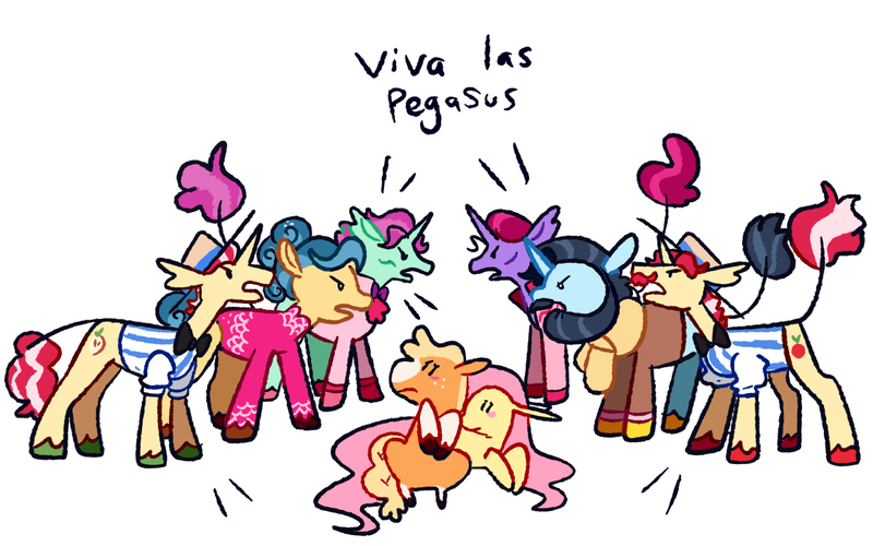 Size: 1280x800 | Tagged: safe, artist:goatpaste, derpibooru import, applejack, flam, flim, fluttershy, trapeze star, earth pony, pegasus, pony, unicorn, season 6, viva las pegasus, angry, argument, brothers, clothes, coat markings, colored hooves, emanata, facial hair, female, flim flam brothers, frown, g4, hat, image, leonine tail, leotard, male, mare, missing accessory, moustache, open mouth, png, scared, shirt, siblings, siegfried and roy, socks (coat marking), stallion, tail, trotsky, unshorn fetlocks